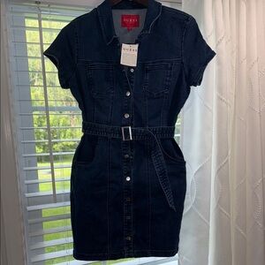 Guess Navy Denim Belted Dress